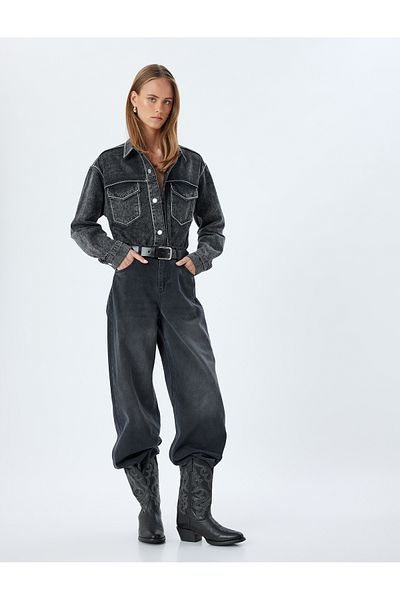 Koton Standard Waist Washed Loose Jeans - Buttoned Loose Straight Fit Jeans
