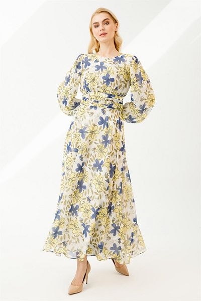 accort Balloon Sleeve Printed Long Dress - Sax