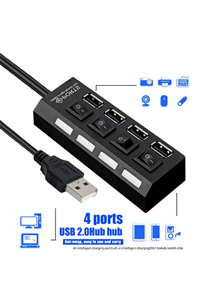 Derwell Yeni 2023 4 Port Usb Çoklayıcı Hub Anahtarlı Aç/kapa Düğmeli Işıklı U...