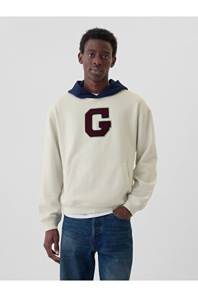 GAP Erkek Kırık Beyaz Logo Colorblock Varsity Sweatshirt