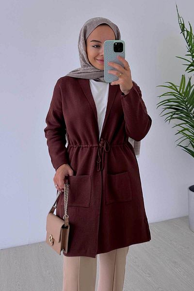 Ka Hijab Ζακέτα με διπλή τσέπη Mercerized στη μέση - Καφέ