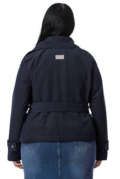 DISENTIS MODEST Büyük Beden Mono Yaka Kemerli Astarlı Kısa Lacivert Trençkot