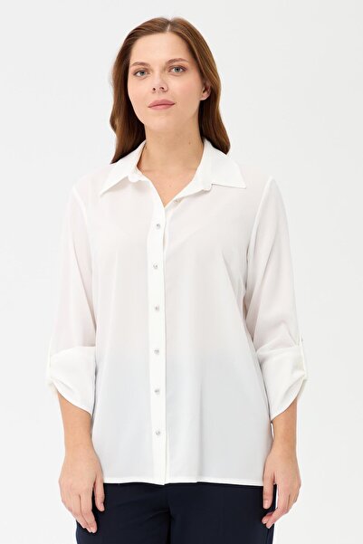 accort Büyük Beden Uzun Kollu Gömlek - EKRU