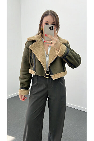 Narferita Ginevra Khaki Biker Fur Coat