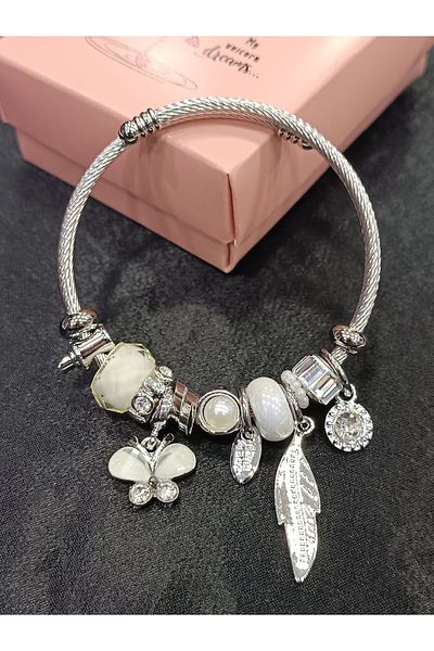 DNA Takı Butterfly and Leaf Charm Steel Bracelet
