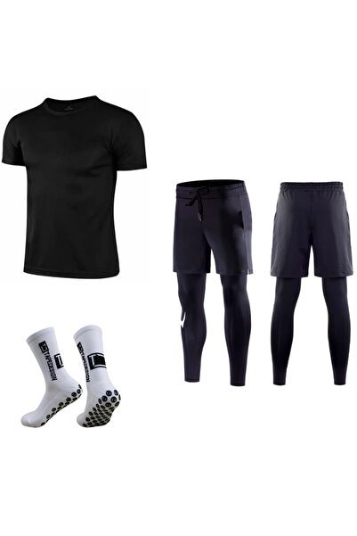 parypary Tişort Şortlu Tayt Silikon Taban Çorap Set Fitness Koşu Yürüyüş Futb...