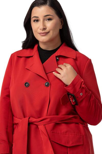 DISENTIS MODEST Büyük Beden Kruvaze Kolu Bant Detaylı Cepli Kuşaklı Astarlı Kırmızı Trençkot