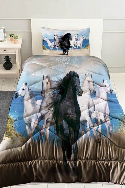 3D ELSE HALI Running Horses Patterned Single Quilted Quilt with Pillowcase