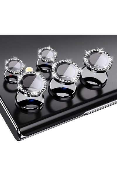 HAMŞO Tek Galaxy S22 Ultra Uyumlu Metal Süslü Taşlı Temperli Cam Lens Koruyuc...