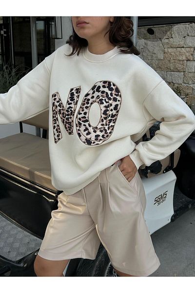 minaaise Women's Ecru Leopard Embroidered Raised 3 Thread Cotton Sweatshirt 28049