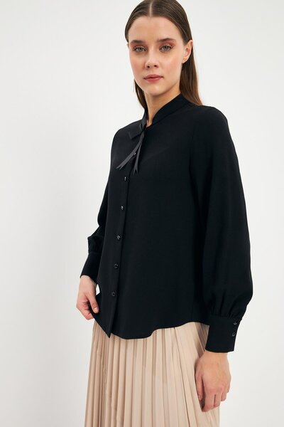 Zühre Bow Detailed Buttoned Black Shirt G-0090