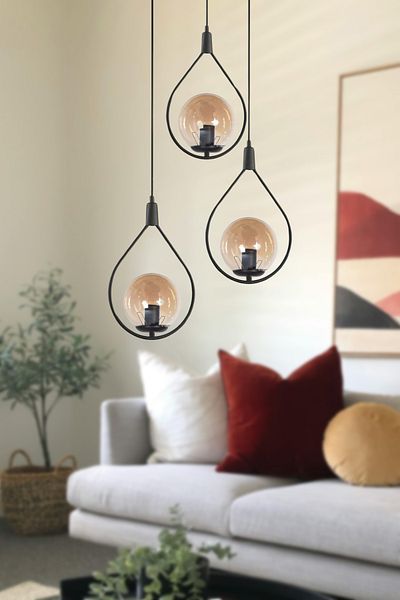 Modavize Deco Modern Design Cafe - Kitchen - Living Room - Living Room Black Color Honey Glass 3-Piece Chandelier