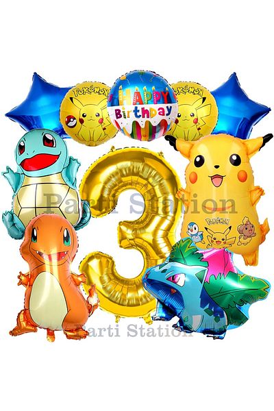Parti Station 3 Years Old Birthday Pokemon Balloon Set - Pikachu, Balbazar, Charmender and Chunky Figures