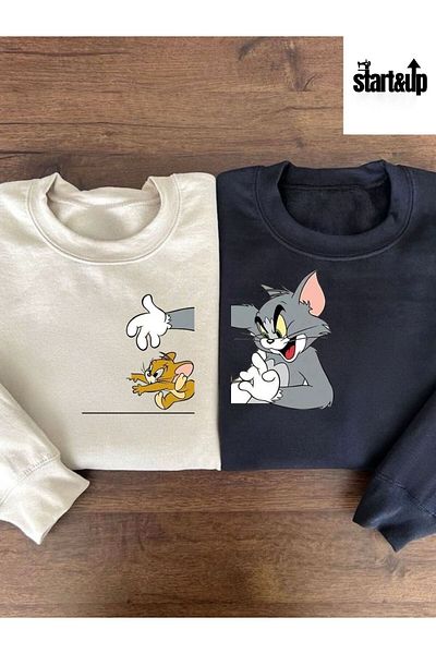 QUEENSTOWN Hanorac oversize bej/negru cu imprimeu Tom și Jerry - unisex cu 3 fire groase
