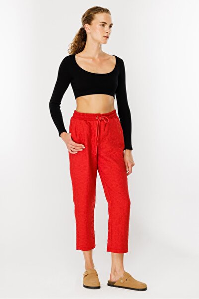 accort Kapitone Desenli Beli Lastikli Pantolon - KIRMIZI