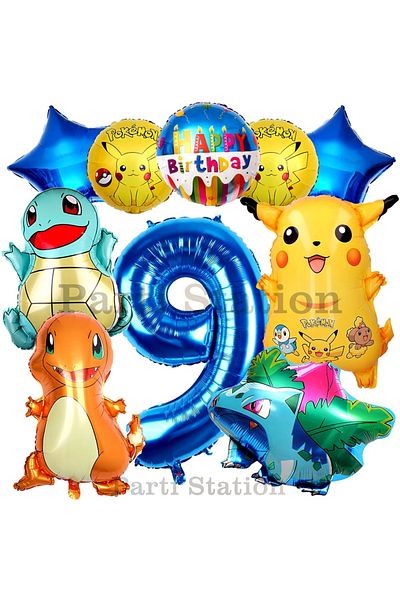 Parti Station Pokemon Concept 9 Years Old Birthday Balloon Set Pokemon Pikachu Bulbasaur Charmander Squirtle Balloon