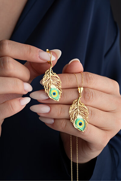 Silvano Jewelry 925 Ayar Gümüş Gold Tüy Takı (Kolye-Küpe) Seti