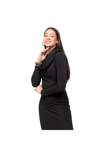 Sistas Degaje Yaka Likralı Fitilli Penye Uzun SLİM FİT Elbise