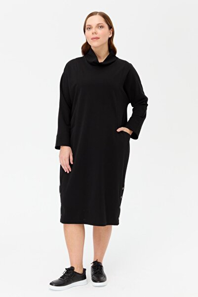 accort Büyük Beden Degaje Yaka Cepli Elbise - SİYAH