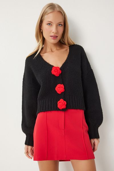 Lovelyİstanbul Μαύρη πλεκτή ζακέτα - Pompom Flower Detailed LPF0079