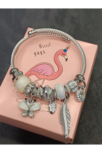 DNA Takı Butterfly and Leaf Charm Steel Bracelet