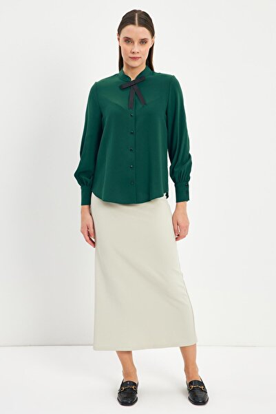 Zühre Bow Detailed Buttoned Emerald Shirt G-0090