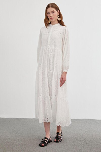 Zühre Richter Collar Patterned Long Ecru Dress E-0350