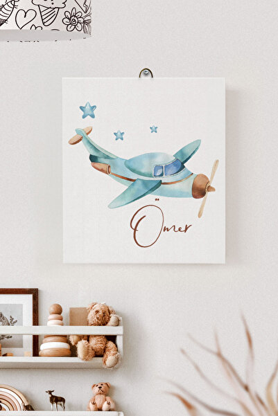 Lilabio İsme Özel Çocuk Odası Kanvas Tablo Uçak (17x21 Cm)