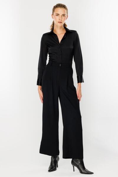 accort Pileli Yüksek Bel Palazzo Pantolon - SİYAH