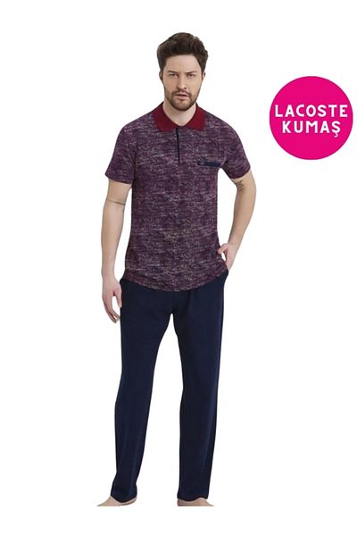 bie's Men's Claret Red Polo Collar Lacoste Fabric Chest Pocket Cotton Short Sleeve Summer Pocket Pajama Set