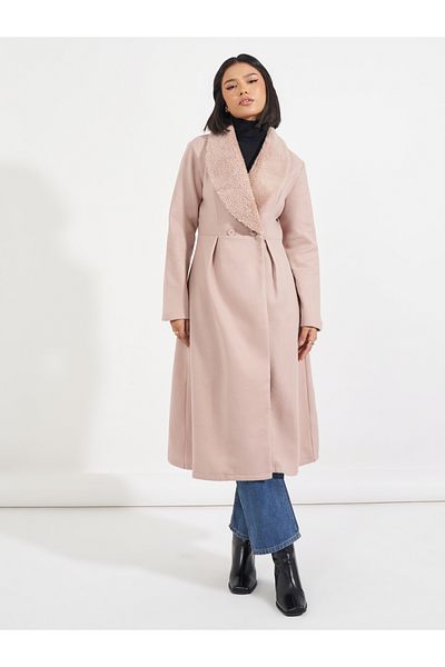 Styli Regular Fit Midi Wool Like Faux Fur Collar Coat