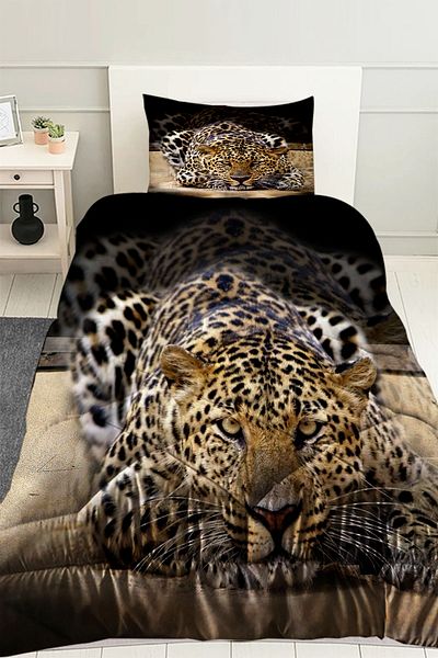 3D ELSE HALI Leopard Patterned Single Quilted Quilt with Pillowcase