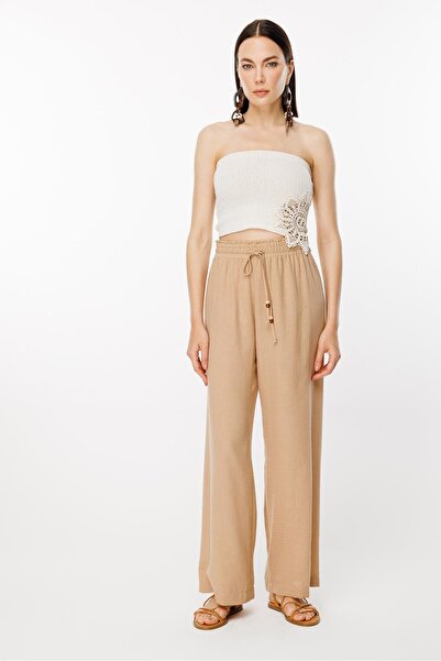 accort Beli Lastikli ve Geniş Paça Keten Pantolon - CAMEL