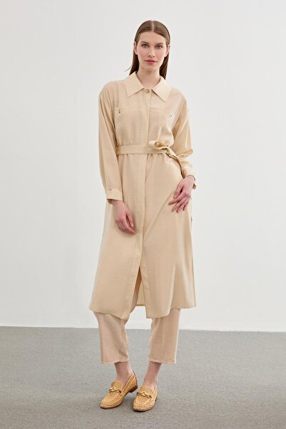 Zühre Beige Long Wear with Belted Waist GÇ-0192