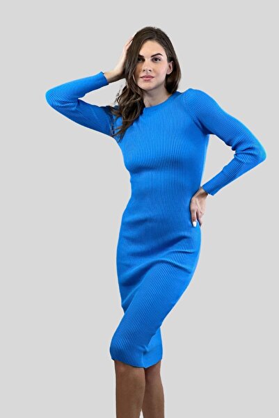 Miss Poem Rochie basic din tricot pentru damă, cu guler rotund