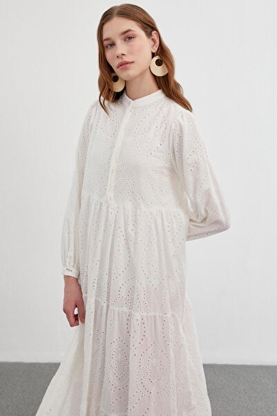 Zühre Richter Collar Patterned Long Ecru Dress E-0350