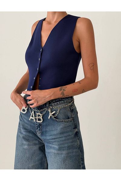 My Blog Navy Blue Elenor Snap Button Knitwear Vest-4518