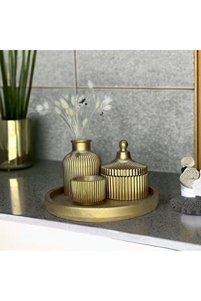 RİO CANDLE Dekoratif Gold Tepside 4 Lü Set Çizgili Vazo,vanilya Koku, Ahşap F...