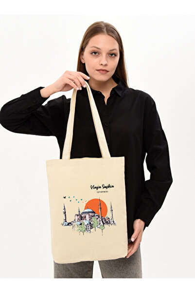 Çınar Bez Çanta حقيبة قماش مطبوعة آيا صوفيا - بيج - حقيبة قماش سينار