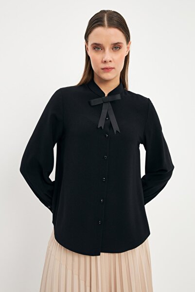 Zühre Bow Detailed Buttoned Black Shirt G-0090
