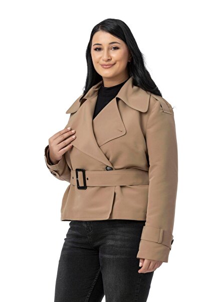 DISENTIS MODEST Büyük Beden Mono Yaka Kemerli Astarlı Kısa Vizon Trençkot