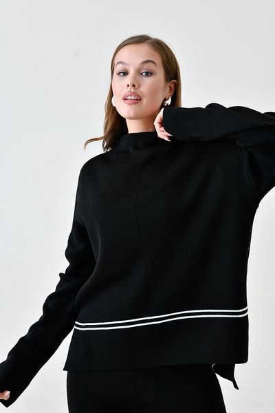 WOMAN VISION Ελαστικό μαύρο πλεκτό - Σετ ριγέ λεπτομέρεια oversize πουλόβερ και ψηλόμεσο παντελόνι 3040