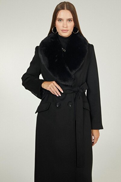 Zühre Collar Fur Detailed Black Coat 12358