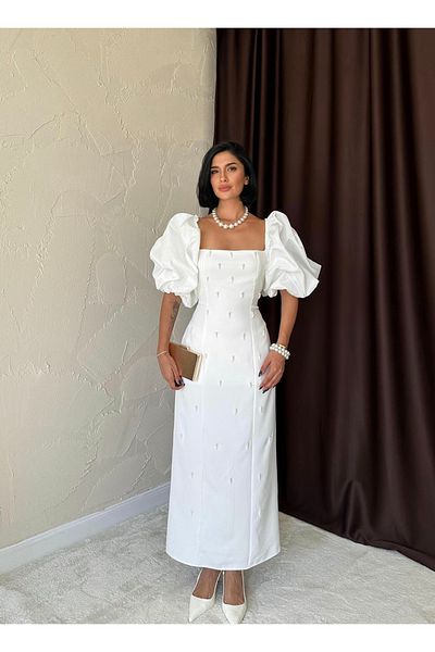 Afiş Butik Rochie de seară lungă cu mâneci cu balon brodate cu perle albe