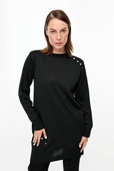 accort Omzu ve Eteği Düğmeli Triko Tunik-SİYAH