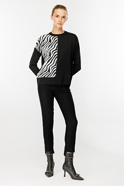 accort Zebra Kombin Desenli Triko Kazak-SİYAH