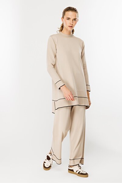 accort Çizgi Kombinli Tunik Pantolon Triko Takım-TAŞ