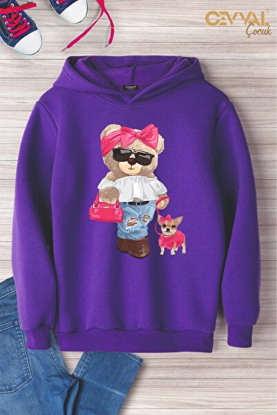 Cevval With Dog Bear Printed Hooded Oversize Kids Sweat Shirt