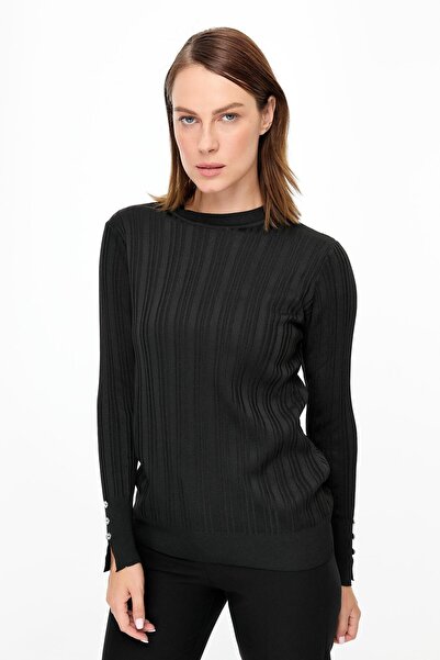 accort Kolu Düğmeli Sıfır Yaka Triko Kazak-SİYAH