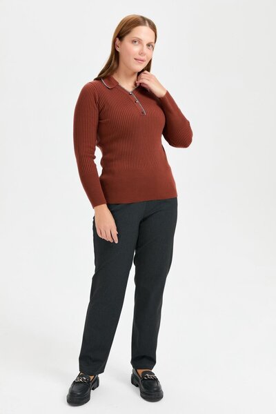 accort Büyük Beden Simli Polo Yaka Triko Kazak-TARÇIN